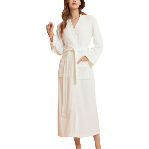 SWSMCLT Women's Long Sleeve Robe Bath Soft Oversized Terry Cloth Bathrobe Pajamas Long Winter Absorbent White Small