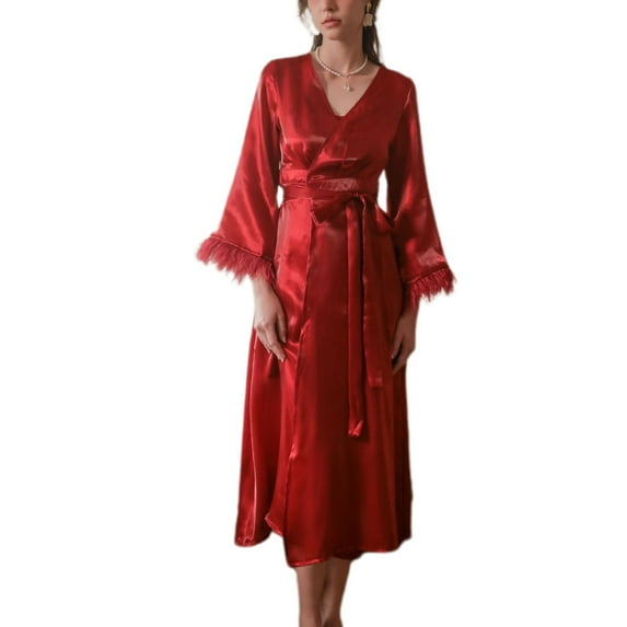 SWSMCLT Women's Long Sleeve Robe Chemise Nightgown Satin Cami Nightgown Pajama Set Soft Silky Summer Bridesmaid Comfy Red Large