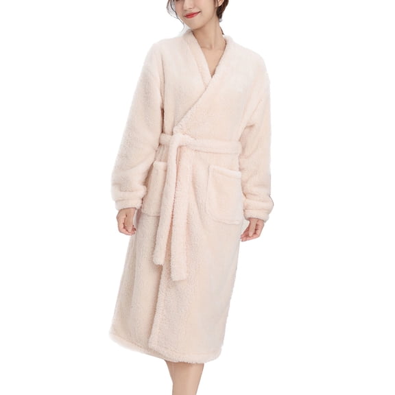 SWSMCLT Women's Long Sleeve Robe Fleece Long Pjs Fuzzy Comfy Warm Robe Bathrobe Plush Winter Soft Thick Sleeping Warm Beige Small-Large