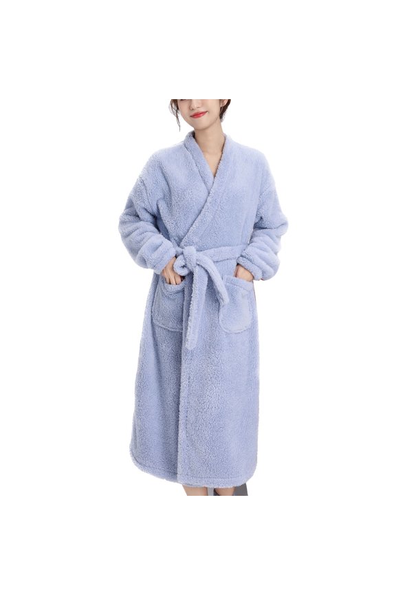 Women's Long Sleeve Robe Fleece Long Pjs Fuzzy Comfy Warm Robe Bathrobe Plush Winter Soft Thick Sleeping Warm Blue Small-Large