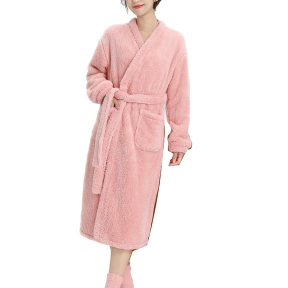 SWSMCLT Women's Long Sleeve Robe Fleece Long Pjs Fuzzy Comfy Warm Robe Bathrobe Plush Winter Soft Thick Sleeping Warm Pink Small-Large