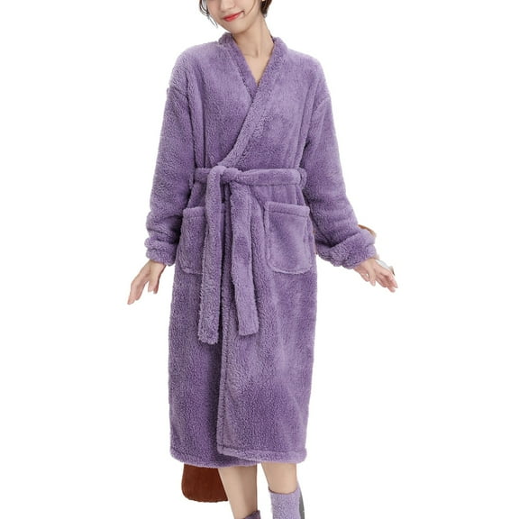 SWSMCLT Women's Long Sleeve Robe Fleece Long Pjs Fuzzy Comfy Warm Robe Bathrobe Plush Winter Soft Thick Sleeping Warm Purple Small-Large