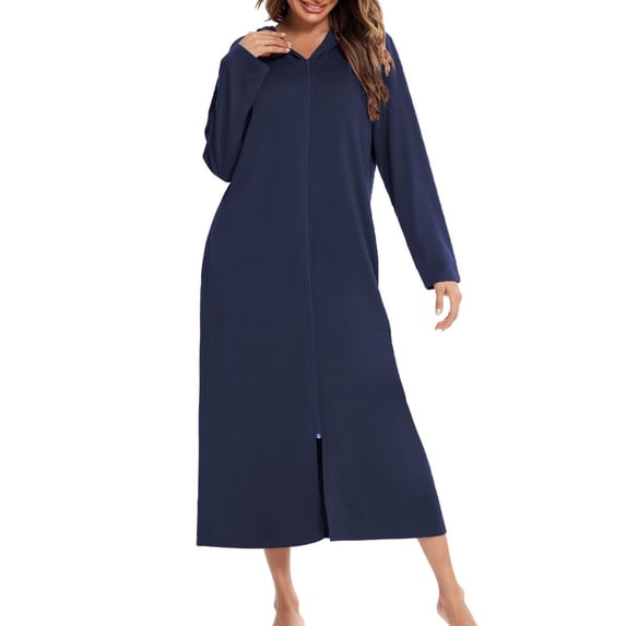 SWSMCLT Women's Long Sleeve Robe Long House Coat Zip Up Sleeping Winter Warm Cotton Spa Hooded Zipper Bathrobe Navy Large