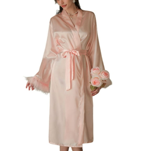 SWSMCLT Women's Long Sleeve Robe Long Pajamas Spring Bridesmaid Pjs Satin Silky Soft Bride Feather Lightweight Pink Large