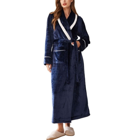 SWSMCLT Women's Long Sleeve Robe Warm House Medium Sleepwear Pjs Fleece Thick Spring Oversized Loose Comfy Navy Medium