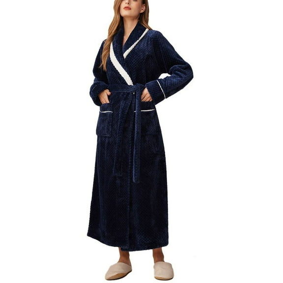 SWSMCLT Women's Long Sleeve Robe Warm Pjs Winter Wrap Pajamas Cute Comfy Oversized Fleece House Spring Thick Navy Large
