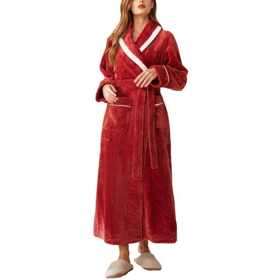 SWSMCLT Women's Long Sleeve Robe Warm Pjs Winter Wrap Pajamas Cute Comfy Oversized Fleece House Spring Thick Red Large