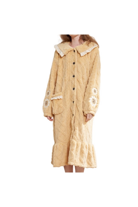 Women's Long Sleeve Robe Winter Soft Fuzzy Plush Button Up Housecoat Floral Warm Fleece Ruffle Frill Nightgown Cute Cozy Fluffy Duster Robe Loungewear Yellow Large