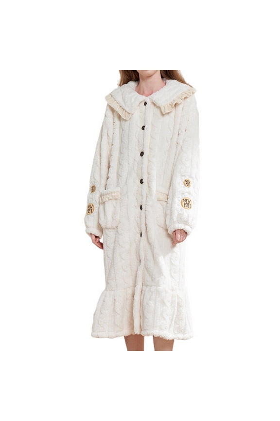 Women's Long Sleeve Robe Winter Soft Fuzzy Plush Button Up Housecoat Floral Warm Fleece Ruffle Frill Nightgown Cute Cozy Fluffy Duster Robe Loungewear White Large