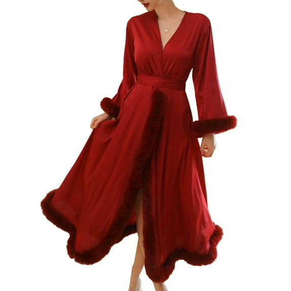 SWSMCLT Women's Long Sleeve Satin Robe Thin Bathrobe Fuzzy Summer Lightweight Long Luxury V Neck Rouge Noir Medium