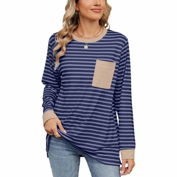 SWSMCLT Women's Long Sleeve Shirt Vacation Lightweight Crew Neck Slimming Soft Top Fashion Spring T Shirt Navy X-Large