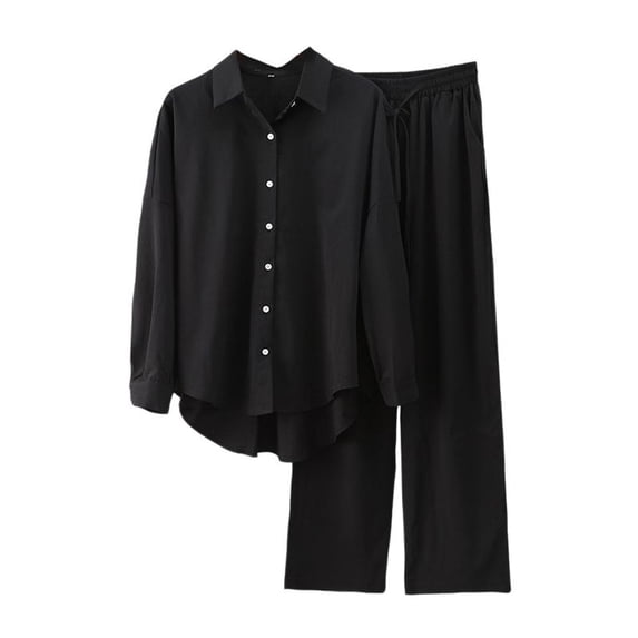 SWSMCLT Women's Long Sleeve Suits Holiday Chic Cozy Fall Long Sleeve Top With Pants Set 2 Piece Outfit Seersucker Black 18