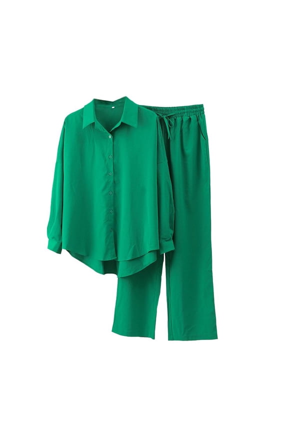 Women's Long Sleeve Suits Holiday Chic Cozy Fall Long Sleeve Top With Pants Set 2 Piece Outfit Seersucker Green 6-8