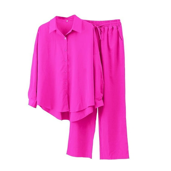 SWSMCLT Women's Long Sleeve Suits Holiday Chic Cozy Fall Long Sleeve Top With Pants Set 2 Piece Outfit Seersucker Rose 16