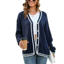 SWSMCLT Women's Long Sleeve Sweater Button Up Knit Cardigan Loose Fit Baggy Sweater Warm Spring Soft Fall Fashion School Y2K Contrast Color Striped Navy Small