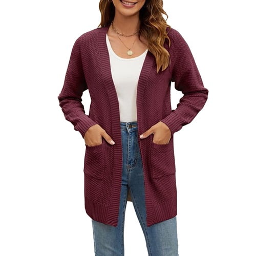 SWSMCLT Women's Long Sleeve Sweater V Neck Winter Holiday Coats Cardigan Knit Spring House Open Front Fashion Burgundy Large