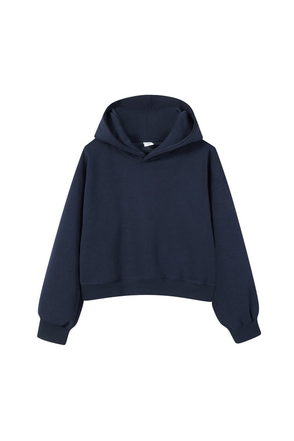 Women's Long Sleeve Sweatshirt Crop Top Basic Loose Hooded Drop Shoulder Casual Comfy Sweatshirts Navy Small
