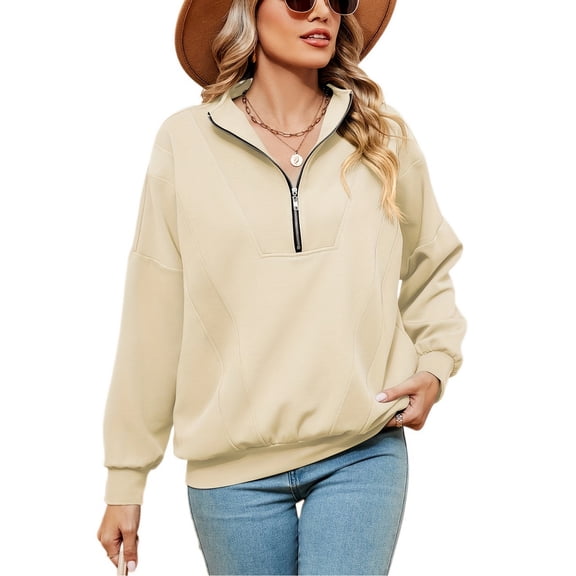 SWSMCLT Women's Long Sleeve Sweatshirt Half Zip Top Zip Up Spandex Nylon Casual Comfy Winter V Neck Pullover Apricot Small