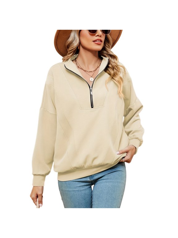 Women's Long Sleeve Sweatshirt Half Zip Top Zip Up Spandex Nylon Casual Comfy Winter V Neck Pullover Apricot Small