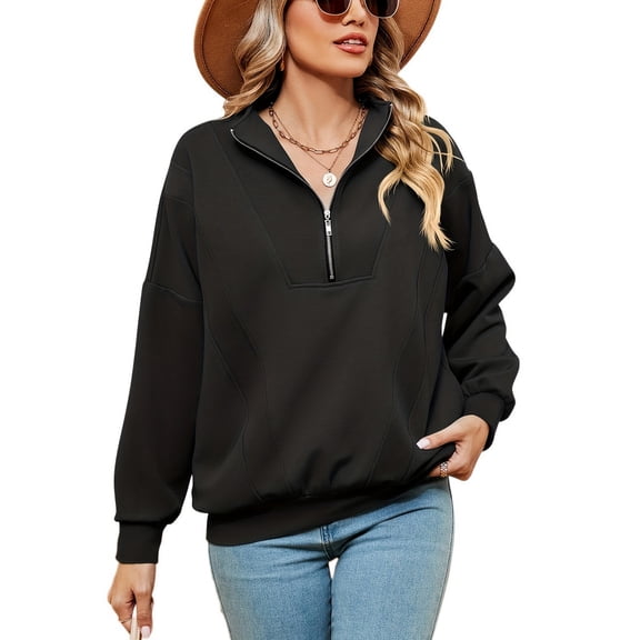 SWSMCLT Women's Long Sleeve Sweatshirt Half Zip Top Zip Up Spandex Nylon Casual Comfy Winter V Neck Pullover Black Large