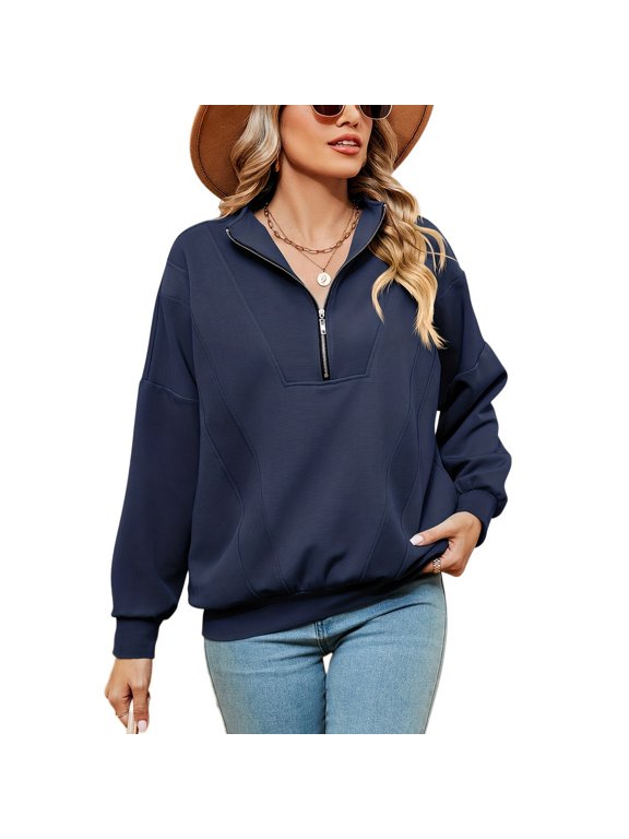 Women's Long Sleeve Sweatshirt Half Zip Top Zip Up Spandex Nylon Casual Comfy Winter V Neck Pullover Navy Medium