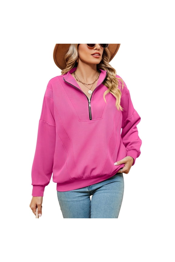 Women's Long Sleeve Sweatshirt Half Zip Top Zip Up Spandex Nylon Casual Comfy Winter V Neck Pullover Rose Medium