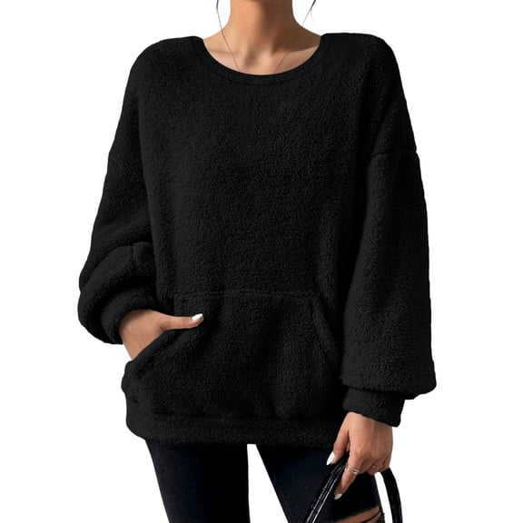 SWSMCLT Women's Long Sleeve Sweatshirt Soft Top Fleece Crewneck Pull On Casual Fashion Warm Fall Pullover Black Large
