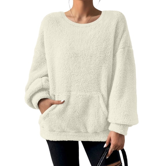 SWSMCLT Women's Long Sleeve Sweatshirt Soft Top Fleece Crewneck Pull On Casual Fashion Warm Fall Pullover White 4X-Large
