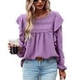 thumbnail image 1 of SWSMCLT Women's Long Sleeve Top Chiffon Cute Shirt Ruffle Loose Soft Crew Neck Summer Lantern Sleeve Blouses Purple Medium, 1 of 5