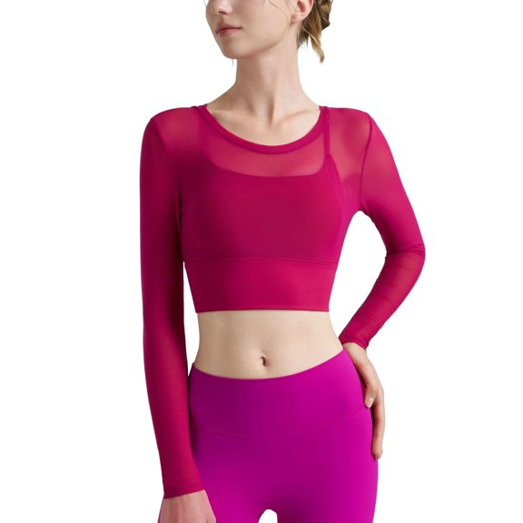 SWSMCLT Women's Long Sleeve Top Mesh Yoga Shirt Soft Fashion Cut Out Fitted Pull On Cami Crop Yoga Sheer Backless Rose Large