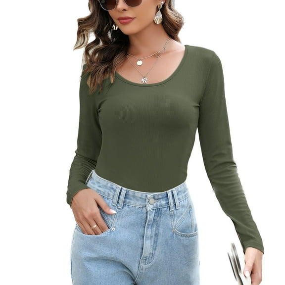 SWSMCLT Women's Long Sleeve Tshirt Fall Shirt Lightweight Blouse Slim Fit Home Ribbed Scoop Neck Spring Thin Comfy Army Green X-Large