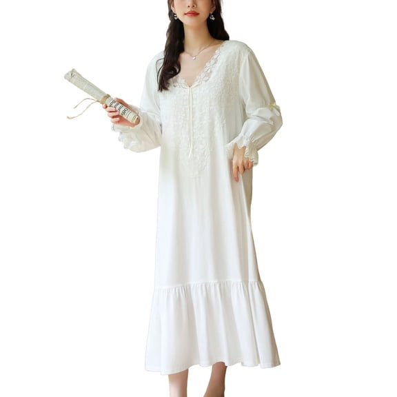 SWSMCLT Women's Long Sleeve Victorian Nightgown Vintage Oversized Soft Spandex Loose Cotton Pjs V Neck Night Gown Spring White Large