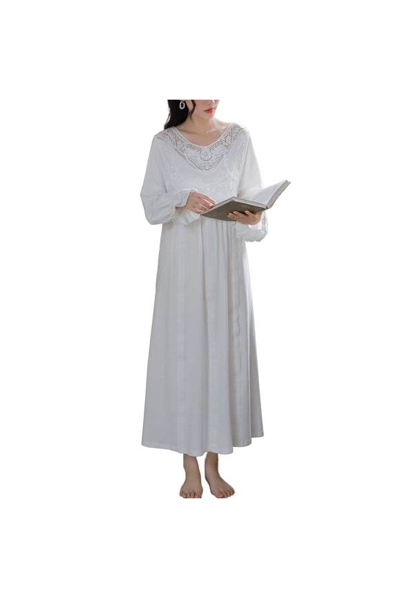 Women's Long Sleeve Vintage Nightgown Cute Night Gown Princess Spring Lace Soft Cotton Fall Long Sleepwear White Large