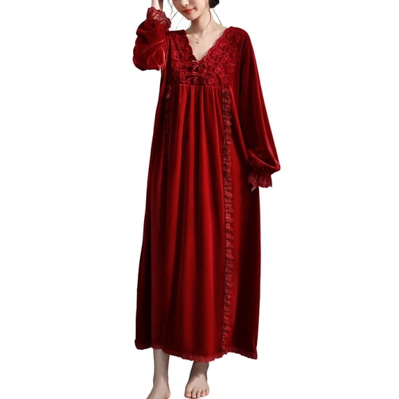 SWSMCLT Women's Long Sleeve Warm Nightgown Cute Valentines Day Comfy Soft Lace Night Dress V Neck Loungewear Burgundy Small