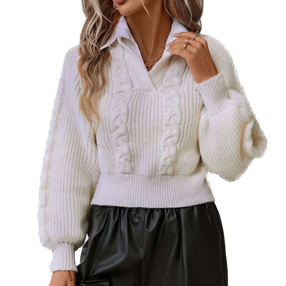 SWSMCLT Women's Long Sleeve Winter Top Ribbed Fashion Short Casual Sweater w/ Collar Cable Knit Crop Pullover Sweaters Bishop Sleeve Warm Knitted Soft Beige Medium