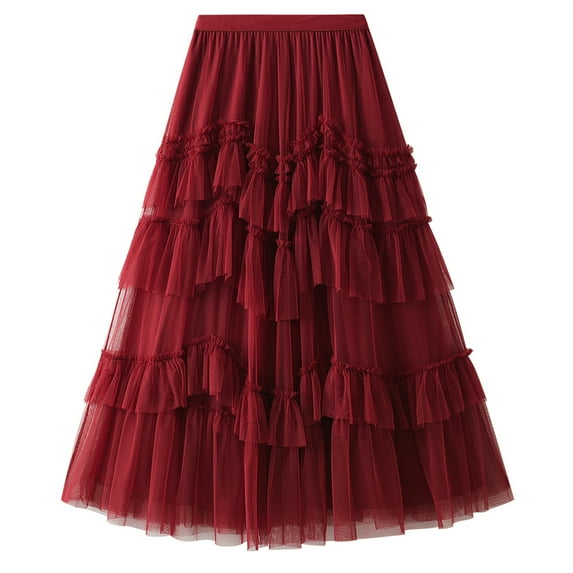 SWSMCLT Women's Long Tulle Skirt Spring Casual High Waisted Pleated Overlay Swing A Line Frilly Ruffle Hem Layered Tiered Tutu Skirt Soft Chiffon Mesh Summer Burgundy One Size