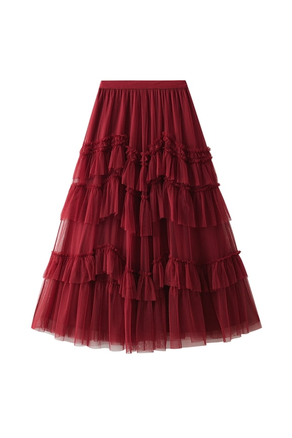 Women's Long Tulle Skirt Spring Casual High Waisted Pleated Overlay Swing A Line Frilly Ruffle Hem Layered Tiered Tutu Skirt Soft Chiffon Mesh Summer Burgundy One Size