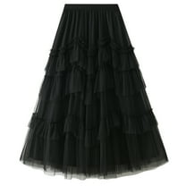 SWSMCLT Women's Long Tulle Skirt Spring Casual High Waisted Pleated Overlay Swing A Line Frilly Ruffle Hem Layered Tiered Tutu Skirt Soft Chiffon Mesh Summer Black One Size
