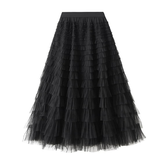 SWSMCLT Women's Long Tutu Skirt High Waisted Cute Layered Bubble Skirt Skirt Pleated Flowy Elastic Waist Black X-Small-Small