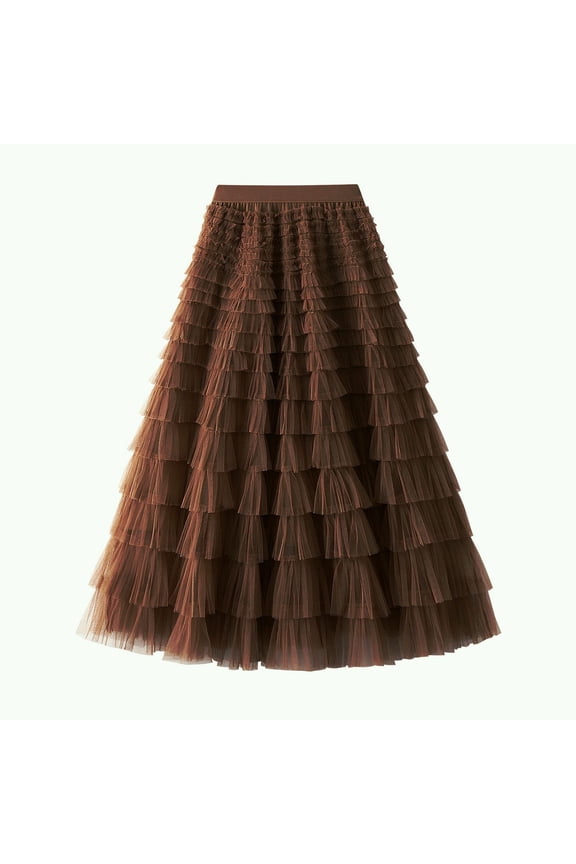Women's Long Tutu Skirt High Waisted Cute Layered Bubble Skirt Skirt Pleated Flowy Elastic Waist Brown Medium-Large