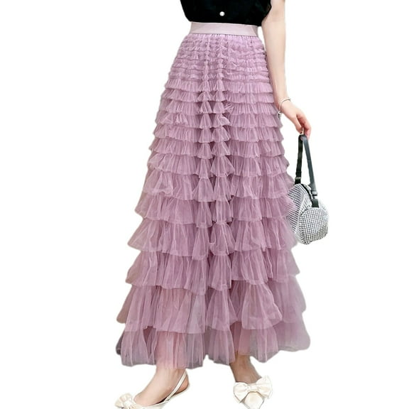 SWSMCLT Women's Long Tutu Skirt High Waisted Cute Layered Bubble Skirt Skirt Pleated Flowy Elastic Waist Pink Medium-Large