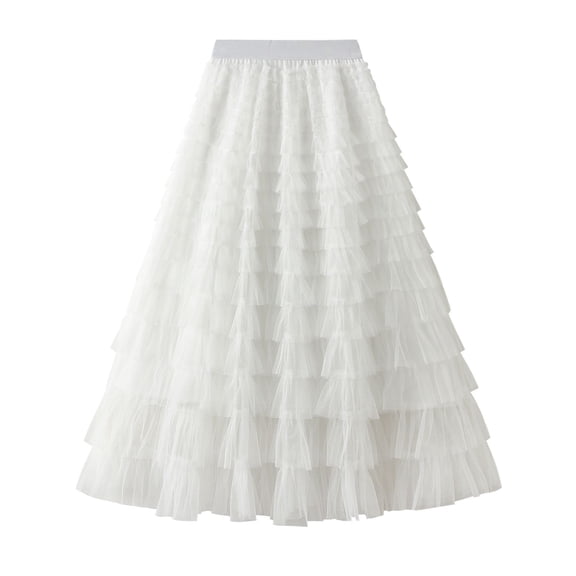 SWSMCLT Women's Long Tutu Skirt High Waisted Cute Layered Bubble Skirt Skirt Pleated Flowy Elastic Waist White X-Small-Small