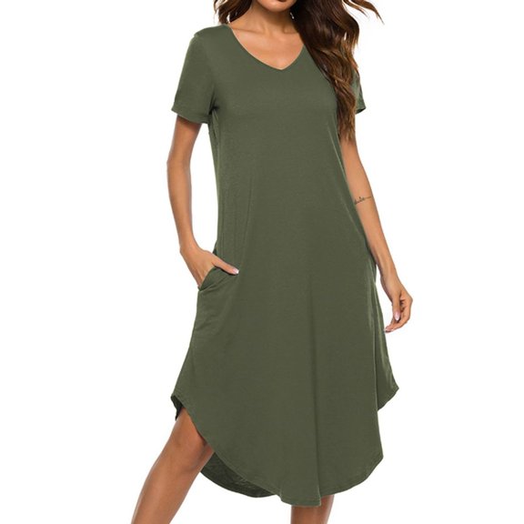 SWSMCLT Women's Lounging Nightgown Basic Lounge Dress Pull On Casual Night Dress Midi Cool Comfy Deep V Neck Army Green Medium