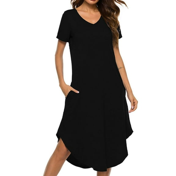 SWSMCLT Women's Lounging Nightgown Basic Lounge Dress Pull On Casual Night Dress Midi Cool Comfy Deep V Neck Black 3X-Large