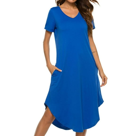 SWSMCLT Women's Lounging Nightgown Basic Lounge Dress Pull On Casual Night Dress Midi Cool Comfy Deep V Neck Blue Large