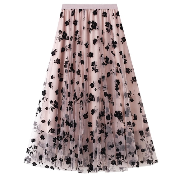 SWSMCLT Women's Maxi Pleated Skirt Soft Floral Elastic Waist Flowy Casual Party Long Tulle Skirt Overlay Mesh Swing Pink Small-X-Large
