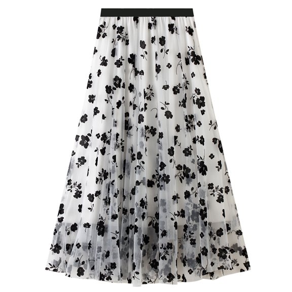 SWSMCLT Women's Maxi Pleated Skirt Soft Floral Elastic Waist Flowy Casual Party Long Tulle Skirt Overlay Mesh Swing White Small-X-Large