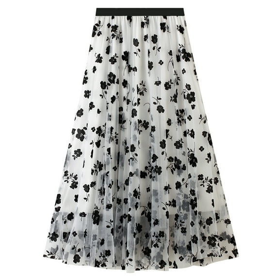 SWSMCLT Women's Maxi Pleated Skirt Soft Floral Elastic Waist Flowy Casual Party Long Tulle Skirt Overlay Mesh Swing White Small-X-Large