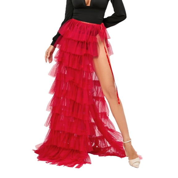 SWSMCLT Women's Maxi Ruffle Skirt Long High Low Fluffy Tutu Skirt High Side Slit Summer 80s Prom Dress Puffy Skirt Red Small-X-Large