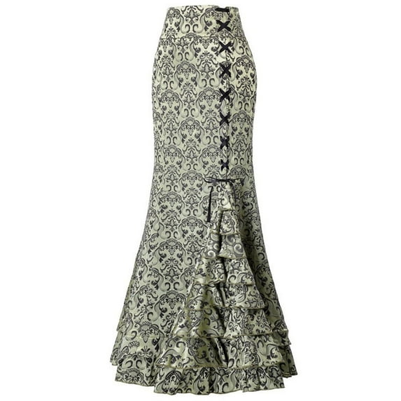 SWSMCLT Women's Maxi Skirt Ruffle Medieval Fitted Summer High Waisted Lace Up Mermaid Tail Renaissance Halloween Green Large